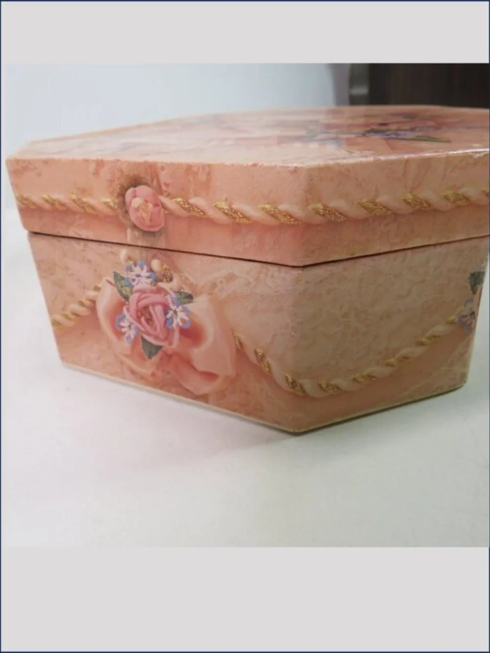 Vintage Truly Lace Pink Octagon Trinket Box Mirror Victorian Bow Gift Box